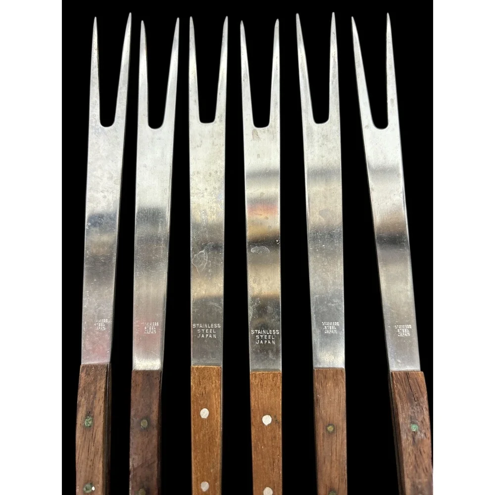12 Vintage Stainless Steel Wood Handle Fondue‎ Forks Japan Retro 2 Tines
